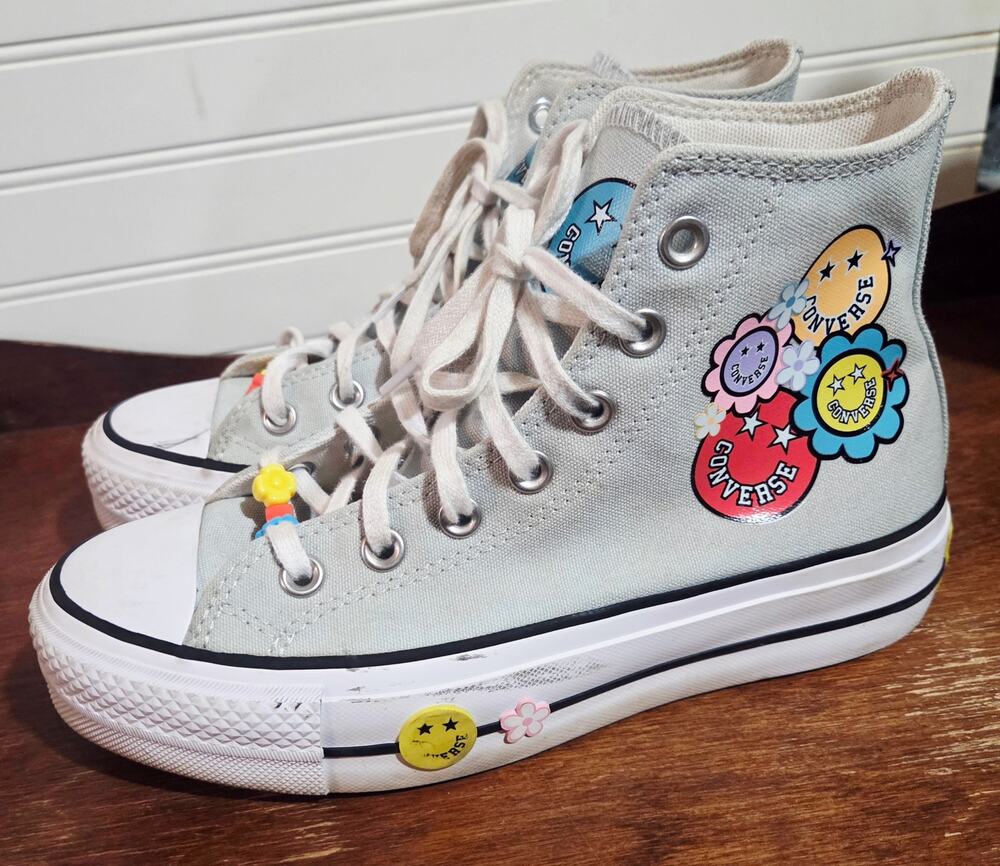 Converse Chuck Taylor Lift Platform Smiles High Top Blue Women's 6.5 Sunflowers